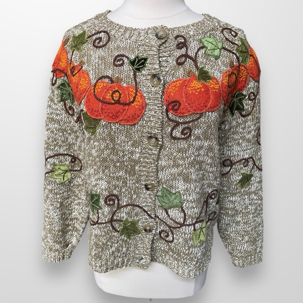 Design Options Philip Jane Gordon Med Cardigan Sweater Fall Pumpkins‎ Leaves